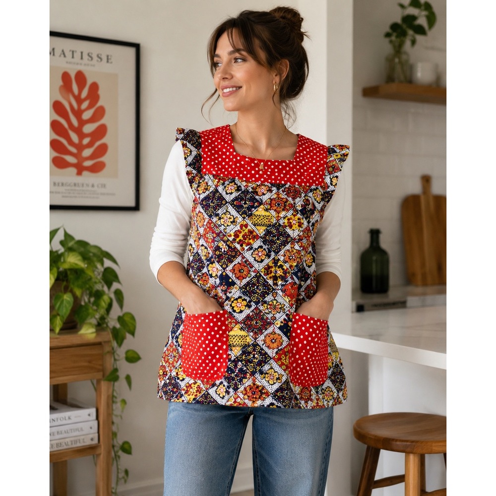 Vintage 70s Handmade Patchwork Smock Top Women Small -M Floral Polka Dot Apron